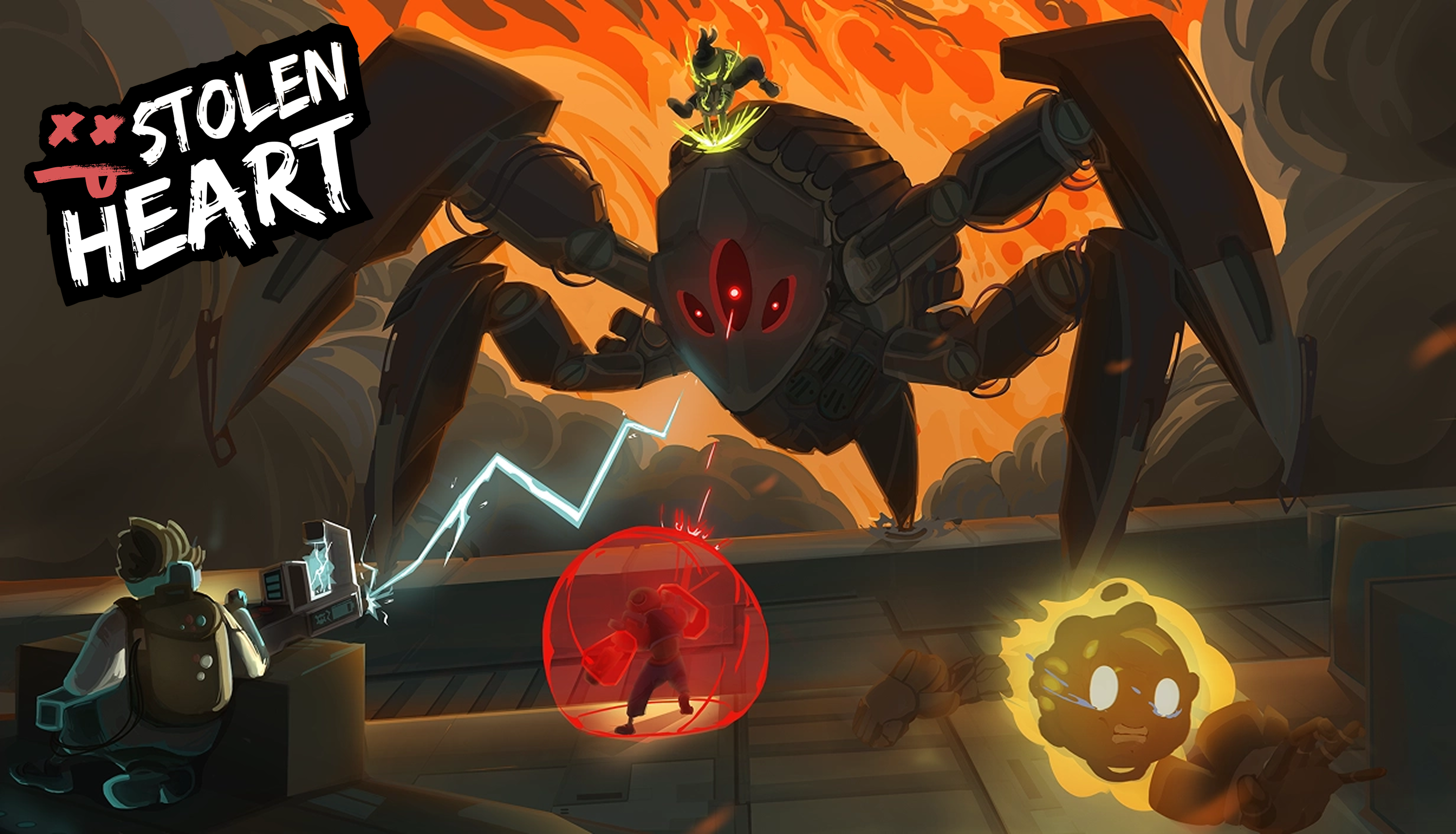 Illustration de jeu vidéo montrant un combat de science-fiction avec un immense robot arachnéen aux yeux rouges affrontant des personnages armés sur une plateforme futuriste. Des explosions orange, des effets d’énergie lumineux et des boucliers colorés entourent la scène d’action.