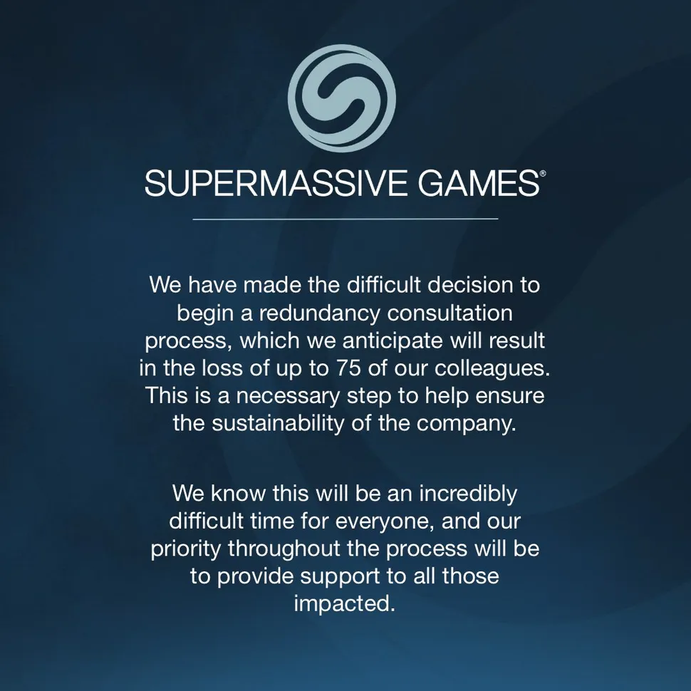 Communiqué de Supermassive Games sur fond bleu sombre : le studio annonce une procédure de consultation en vue de suppressions de postes pouvant toucher jusqu’à 75 employés, afin d’assurer la pérennité de l’entreprise. Supermassive Games indique que sa priorité sera de soutenir les personnes concernées.