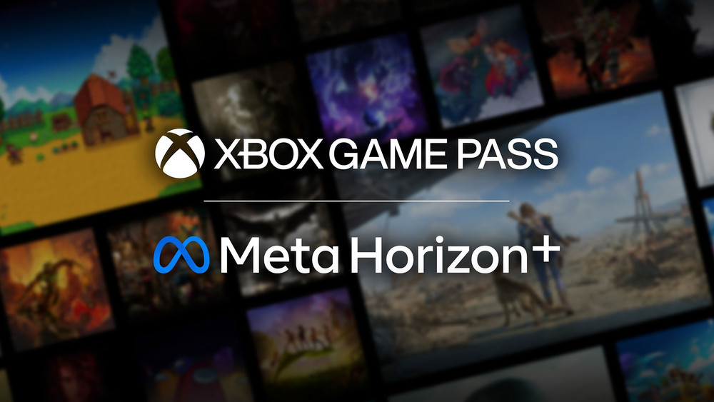 Visuel promotionnel annonçant le partenariat entre Xbox Game Pass et Meta Horizon+. Les logos des deux services apparaissent au centre sur un fond composé d’une mosaïque floue de jaquettes et captures de jeux vidéo, évoquant un large catalogue de titres disponibles.