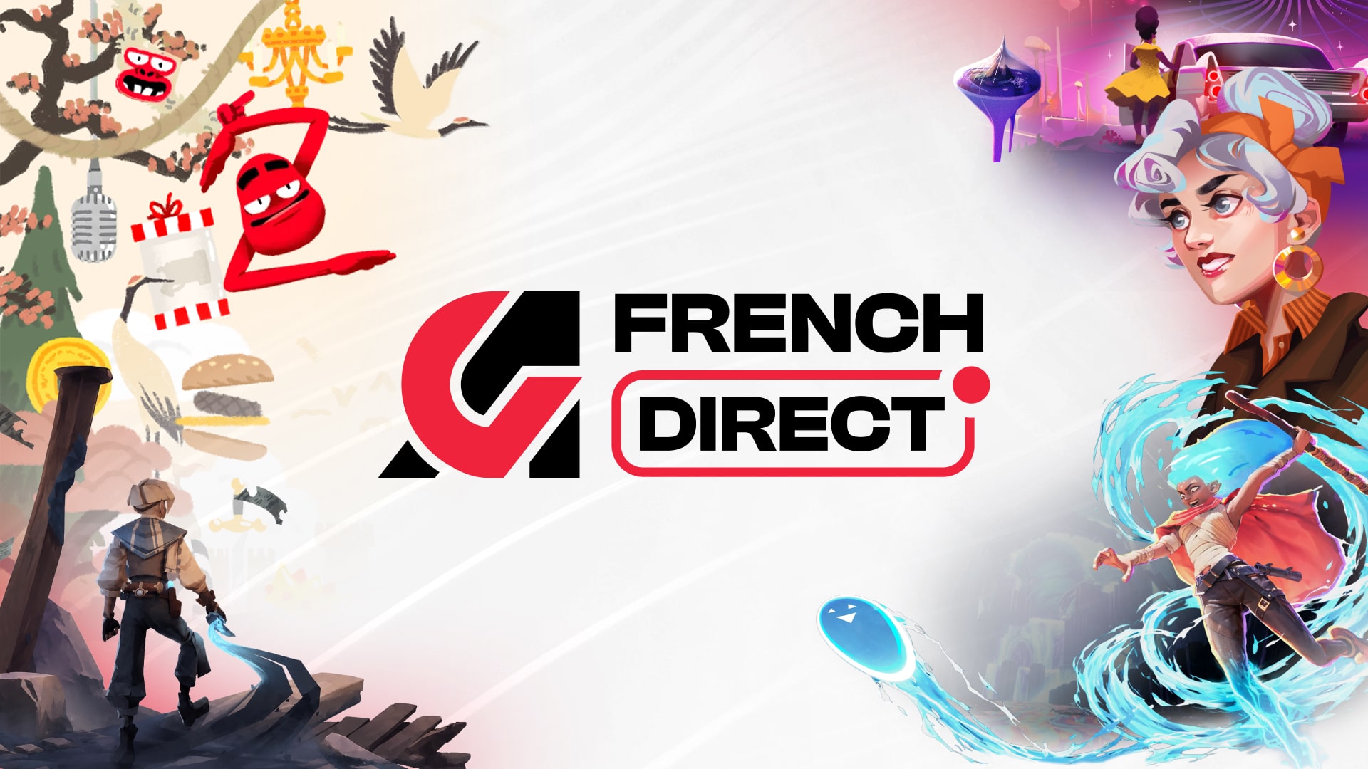 image de présentation de l'AG French Direct avec logo central et quelques images de jeux autour