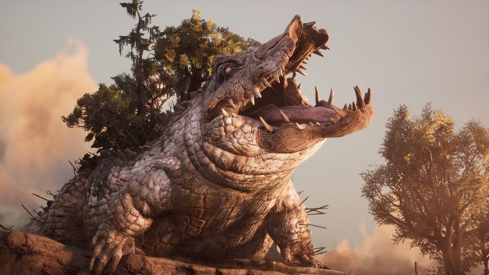 Visuel promotionnel montrant un gigantesque crocodile aux mâchoires ouvertes, dont le dos est recouvert d’arbres et de végétation comme une île vivante. La créature repose sur un promontoire rocheux dans un paysage naturel baigné par une lumière chaude, mettant en scène un univers fantastique où la faune prend des proportions colossales.