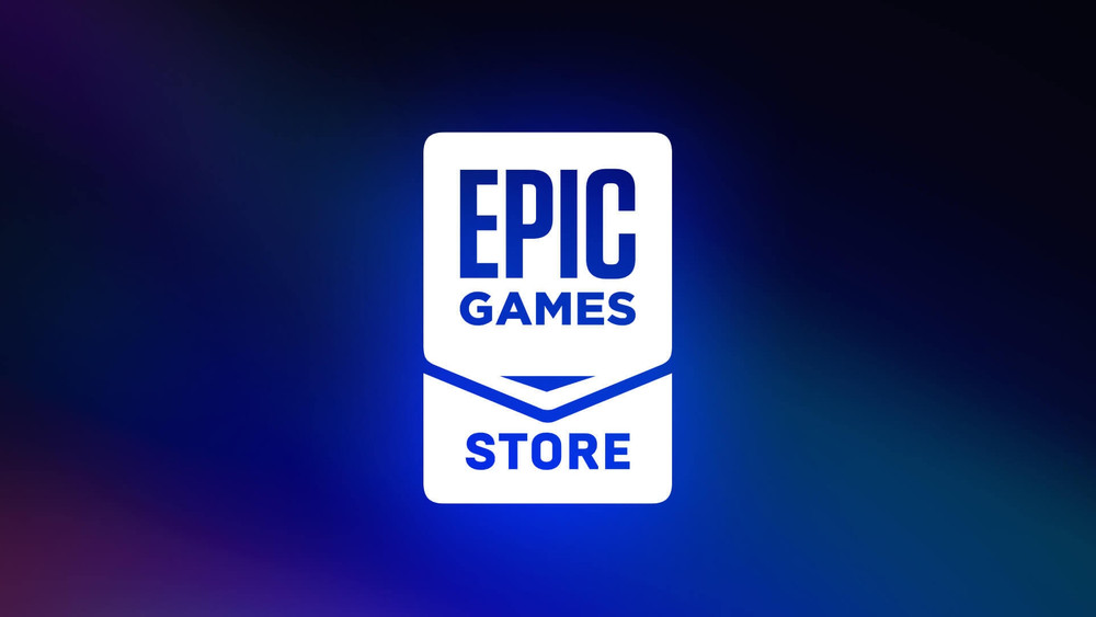 Logo de l’Epic Games Store centré sur un fond dégradé bleu et violet. Le visuel présente une icône blanche en forme de badge avec le texte “EPIC GAMES” en haut et “STORE” en bas, dans un style minimaliste et corporate évoquant une plateforme de distribution de jeux vidéo PC.