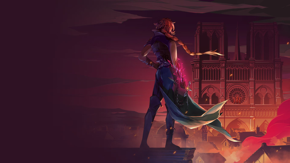 Illustration promotionnelle montrant un personnage vu de dos, debout sur un toit au-dessus d’une ville en flammes au crépuscule. Sa longue tresse et son manteau flottent au vent tandis qu’une énergie rouge lumineuse émane de son bras. En arrière-plan se dresse la cathédrale Notre-Dame de Paris, dans une ambiance sombre et dramatique aux teintes rouges et violettes.