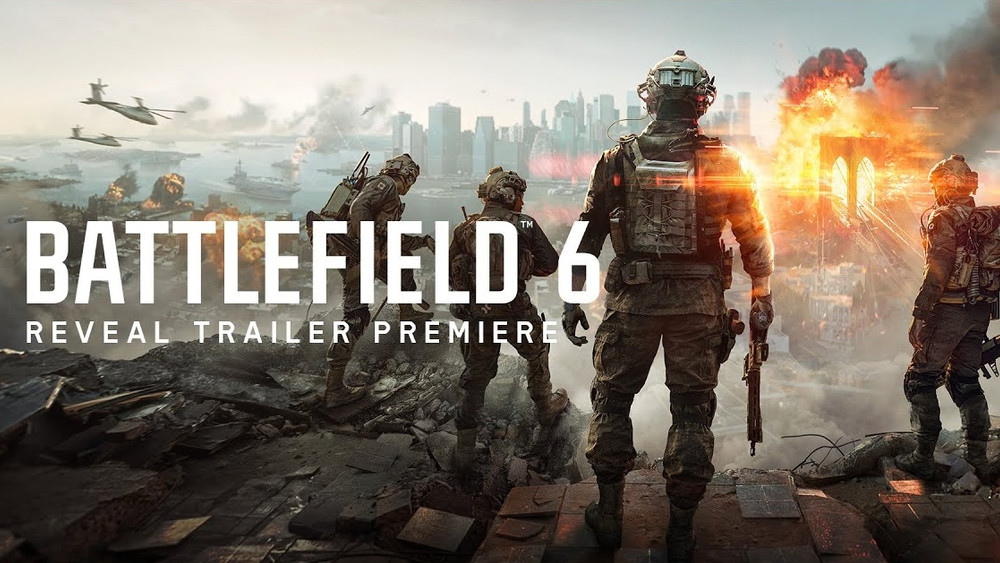 Affiche du trailer de Battlefield 6, mettant en avant un groupe de soldats en tenue de combat, dos à l’objectif, dans un paysage de guerre apocalyptique. Les soldats, équipés d’armures tactiques et de casques high-tech, sont observés alors qu'ils se tiennent sur des décombres d’une ville en ruine, avec des explosions visibles en arrière-plan. À gauche, des hélicoptères volent au-dessus du champ de bataille, tandis que, à droite, une grande explosion détruît un pont emblématique, créant une scène spectaculaire et intense. L’image est dominée par le titre BATTLEFIELD 6 en lettres blanches, avec l’inscription 'REVEAL TRAILER PREMIERE' en dessous, annonçant l’événement de présentation du jeu.