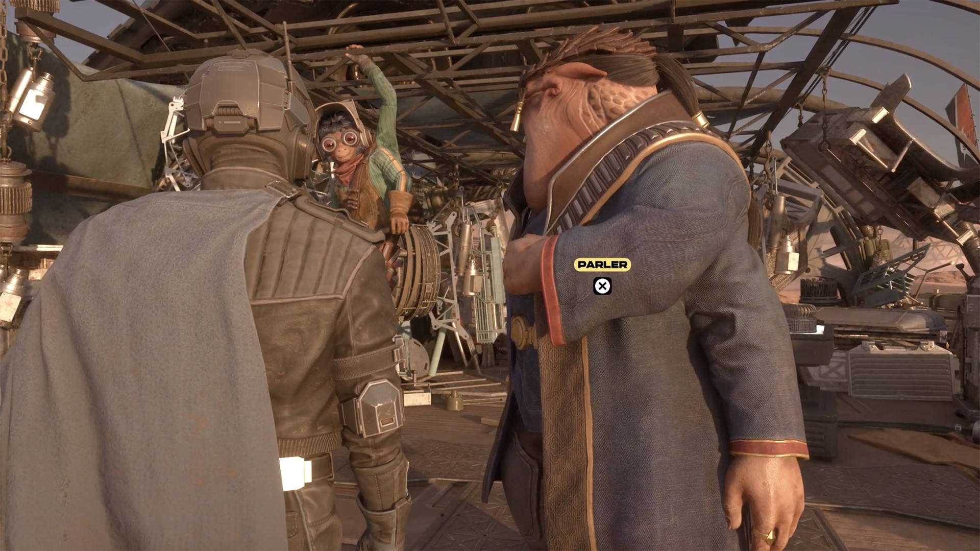 Capture de Star Wars: Galactic Racers montrant le personnage joueur face à deux extraterrestres dans un atelier mécanique encombré. L’interface affiche l’action « Parler » avec la touche X devant le personnage au premier plan.