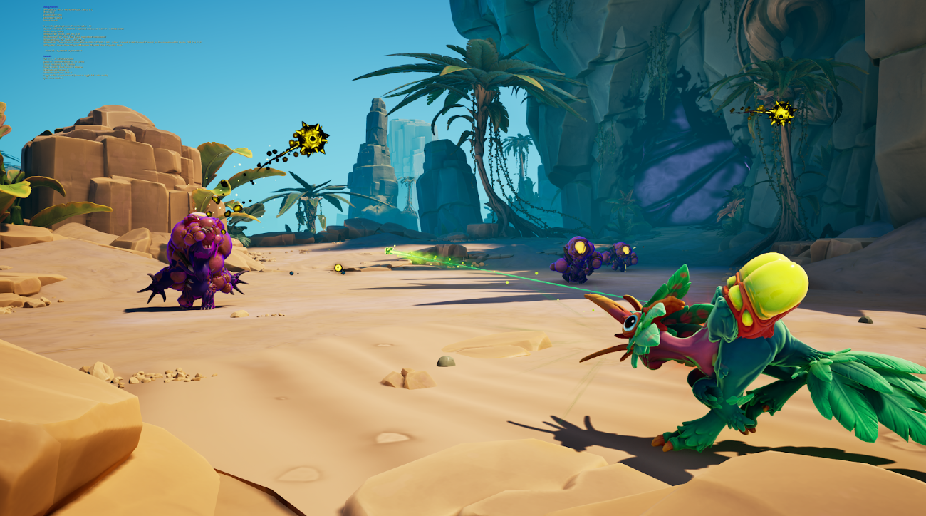 Capture de gameplay d’un jeu de science-fiction montrant un combat dans une zone désertique bordée de falaises et de palmiers. Une créature verte semblable à un oiseau attaque à distance avec des projectiles verts contre des ennemis violets, tandis que des tirs et effets visuels traversent l’écran. À l’arrière-plan, un portail ou une faille sombre est visible dans la roche, renforçant l’ambiance extraterrestre et l’exploration de mondes hostiles.