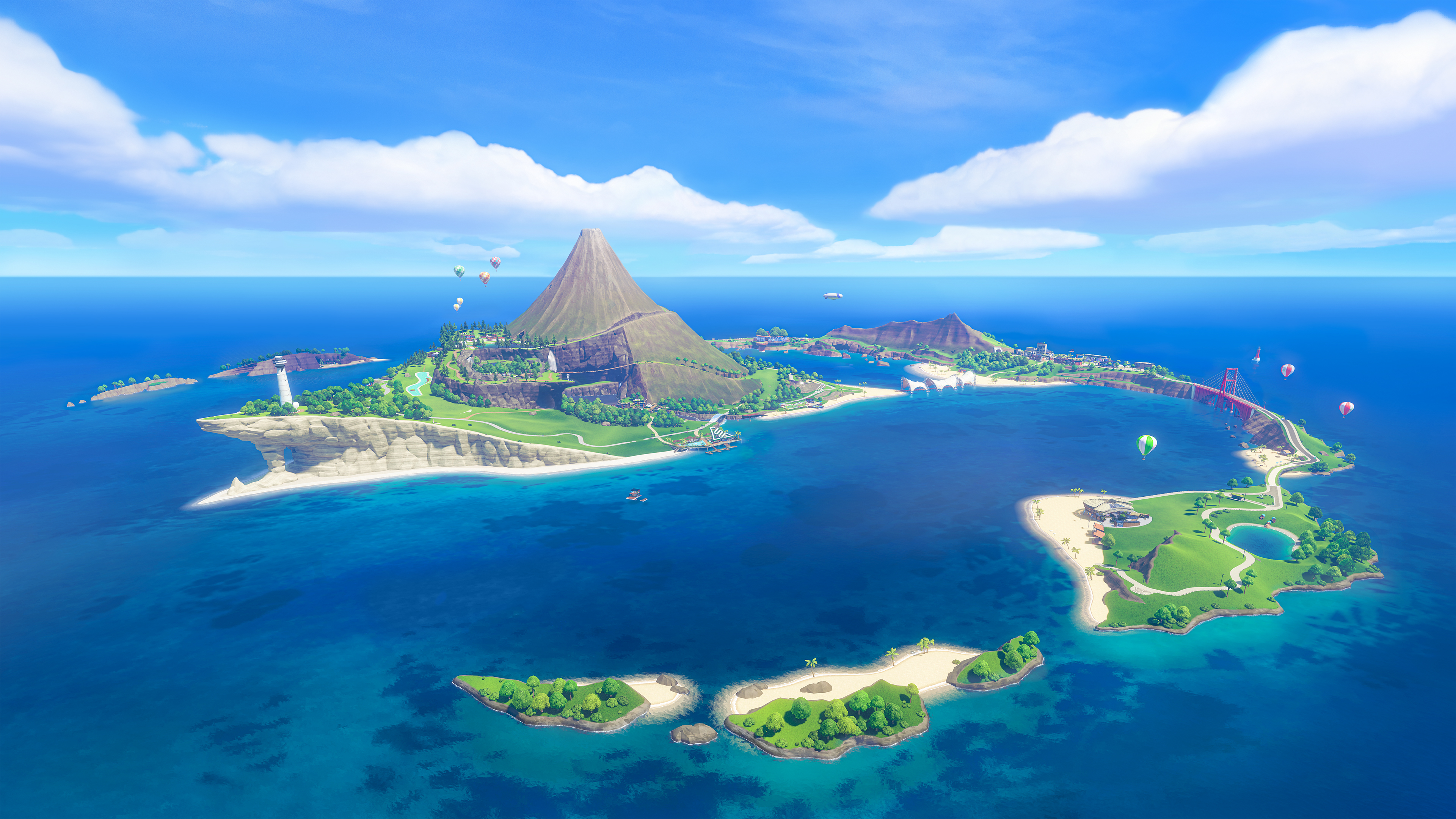 Capture d’écran de Nintendo Switch Sports Resort montrant une grande île tropicale entourée d’eau turquoise, avec un volcan au centre, des plages, des routes et plusieurs petites îles. Des montgolfières, un pont rouge, un phare et des zones sportives renforcent l’ambiance estivale et dépaysante.
