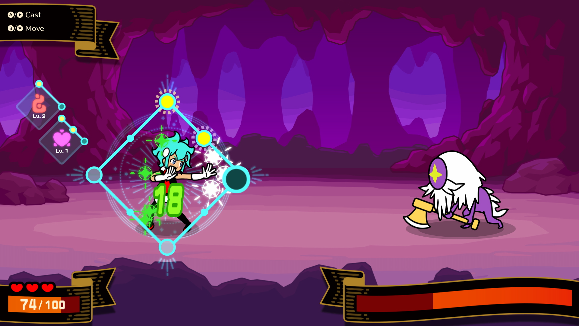 Capture d’écran de Rhythm Paradise Groove montrant un tutoriel de combat rythmique dans une grotte violette. Un personnage aux cheveux turquoise lance une action en suivant un tracé lumineux avec les boutons A et B, tandis qu’un ennemi fantôme reçoit 48 dégâts et qu’une bulle explique le rythme à respecter.