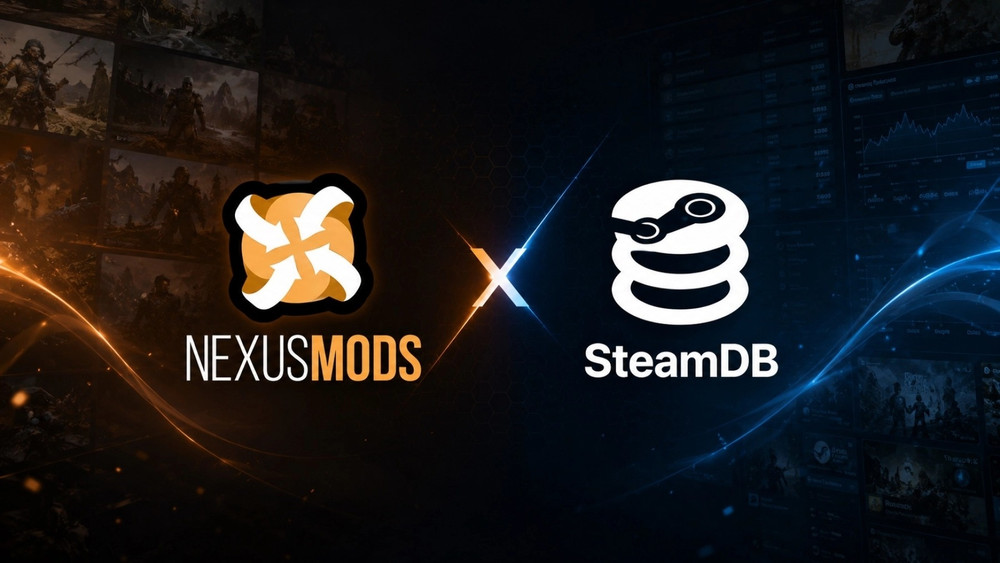 Visuel opposant les logos Nexus Mods et SteamDB, séparés par un X lumineux. À gauche, des captures de jeux et des effets orange évoquent les mods ; à droite, une interface Steam avec graphiques et statistiques apparaît dans des tons bleus.