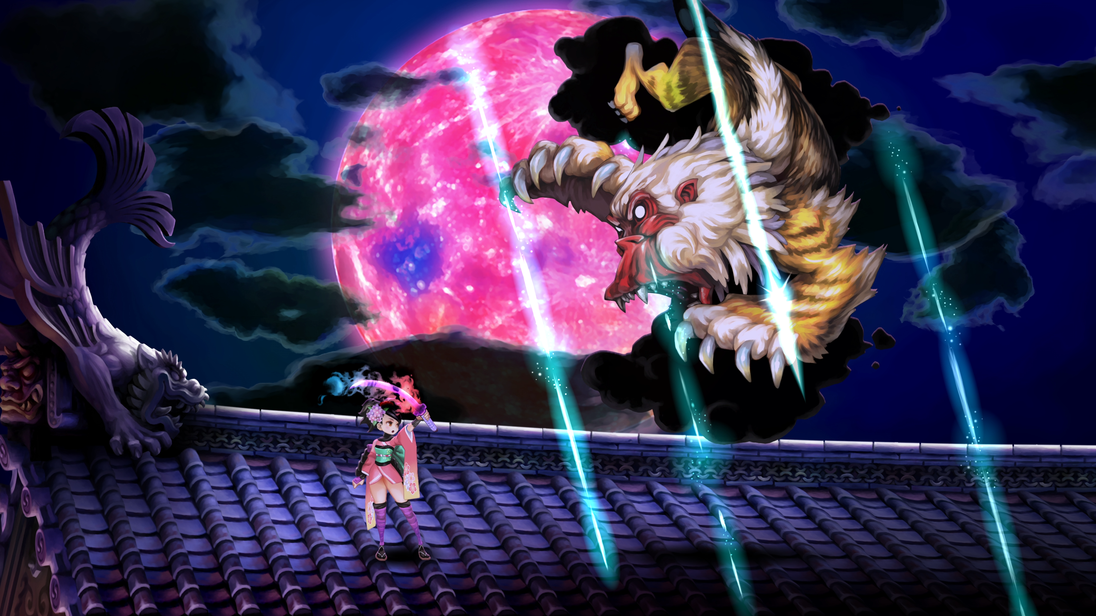 Capture d’écran de Muramasa: Revenant Blades montrant une héroïne en kimono sur un toit japonais, face à une immense créature démoniaque flottant devant une lune rose géante. Des faisceaux lumineux bleus traversent le ciel nocturne, créant une scène de combat spectaculaire à l’ambiance mythologique et surnaturelle.