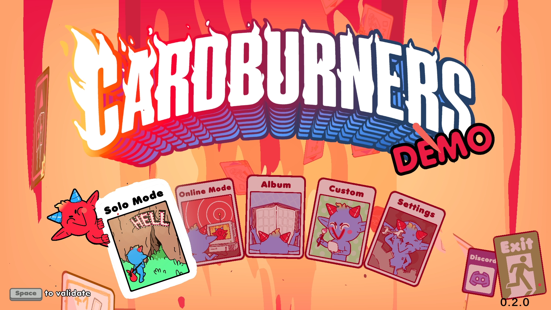 Menu principal de Cardburners Demo avec le logo du jeu, des cartes de modes Solo, Online, Album, Custom et Settings, et un petit démon rouge sur fond orange.