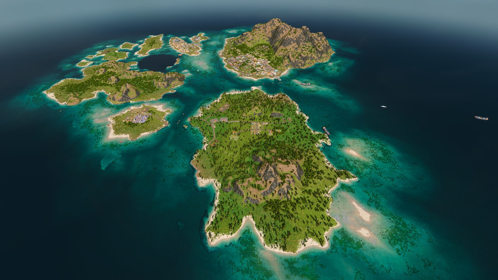 Vue aérienne d'un archipel de plusieurs îles tropicales, avec une grande île principale au centre. La végétation est dense et variée, avec des zones de forêts et des collines verdoyantes. Certaines parties du littoral sont bordées de plages de sable blanc et d’eaux turquoise, tandis que d’autres zones présentent des formations rocheuses escarpées. Des bateaux naviguent au loin, ajoutant un effet de vie et de mouvement à la scène. À l’intérieur de l’île principale, on distingue des bâtiments et des structures, suggérant un peuplement humain ou une activité industrielle. L’ensemble de l’image évoque un environnement naturel et paisible, à la fois sauvage et civilisé, comme une île de jeu de gestion ou de simulation de construction.