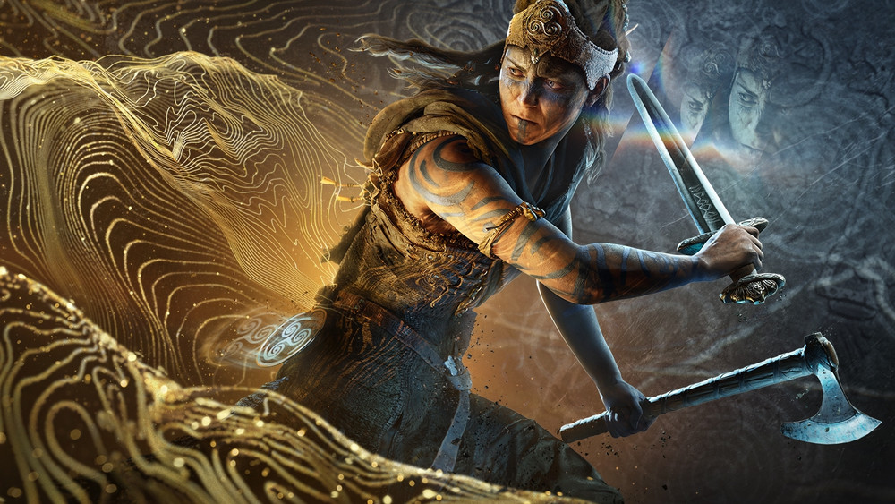 Capture de gameplay d’un jeu d’action-fantasy montrant une guerrière en plein combat, armée d’une épée et d’une hache. Elle porte une tenue tribale ornée de motifs bleutés et est entourée d’effets visuels dorés ondulants, suggérant une magie ou une énergie mystique. L’image met en scène un affrontement dynamique dans une ambiance épique mêlant réalisme et éléments surnaturels.
