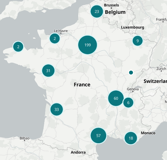 Carte de France montrant la répartition de studios de jeux vidéo par zones, représentées par des cercles turquoise numérotés : 199 autour de Paris, 60 dans le sud-est, 57 dans le sud, 33 dans le sud-ouest, 31 dans l’ouest et plusieurs groupes plus petits.