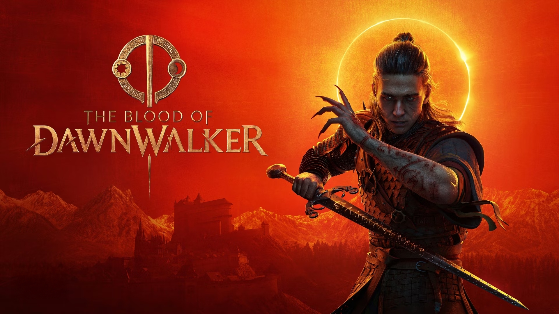 Visuel promotionnel de The Blood of Dawnwalker montrant un guerrier aux yeux rouges dégainant une épée gravée de runes, devant une éclipse solaire. Un château et des montagnes se dessinent dans un paysage baigné de rouge et d’orange, avec le logo du jeu à gauche.