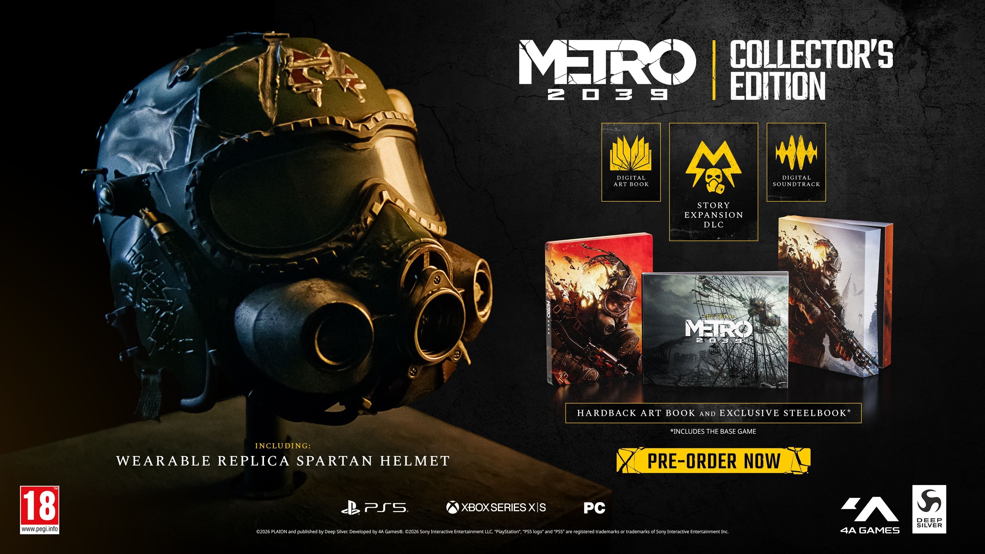 Visuel de la Collector’s Edition de Metro 2033 présentant une réplique portable du casque Spartan, le jeu avec SteelBook et artbook, ainsi que des bonus numériques : artbook, bande-son et DLC d’extension scénaristique. Disponible sur PS5, Xbox Series X|S et PC, avec classification PEGI 18.