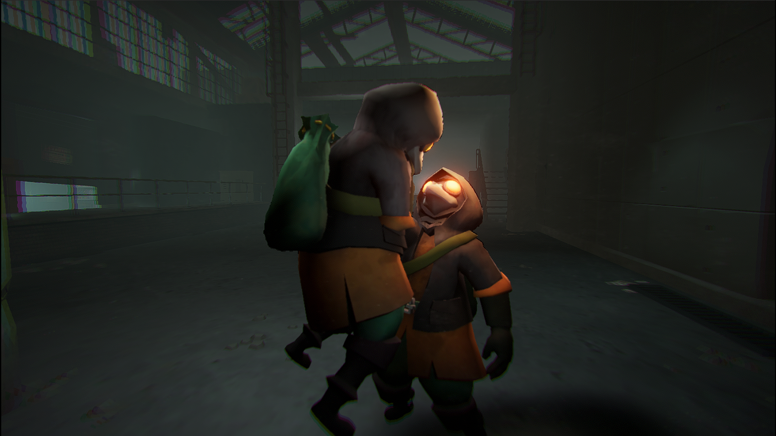Capture d’écran de MIMESIS montrant deux personnages encapuchonnés aux yeux orange lumineux dans un bâtiment industriel sombre. L’un porte un sac sur le dos tandis que l’autre le fixe de très près, créant une scène inquiétante qui suggère une confrontation ou une tentative d’imitation dans une ambiance de survie horrifique.
