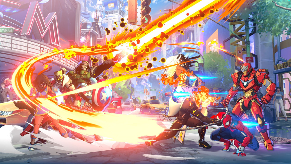Illustration de jeu vidéo montrant un affrontement dynamique dans une ville futuriste, avec plusieurs héros en armure et costumes colorés lançant des attaques énergétiques et des projectiles lumineux. Des personnages inspirés de l’univers Marvel s’affrontent au milieu des rues urbaines avec des effets de combat spectaculaires.