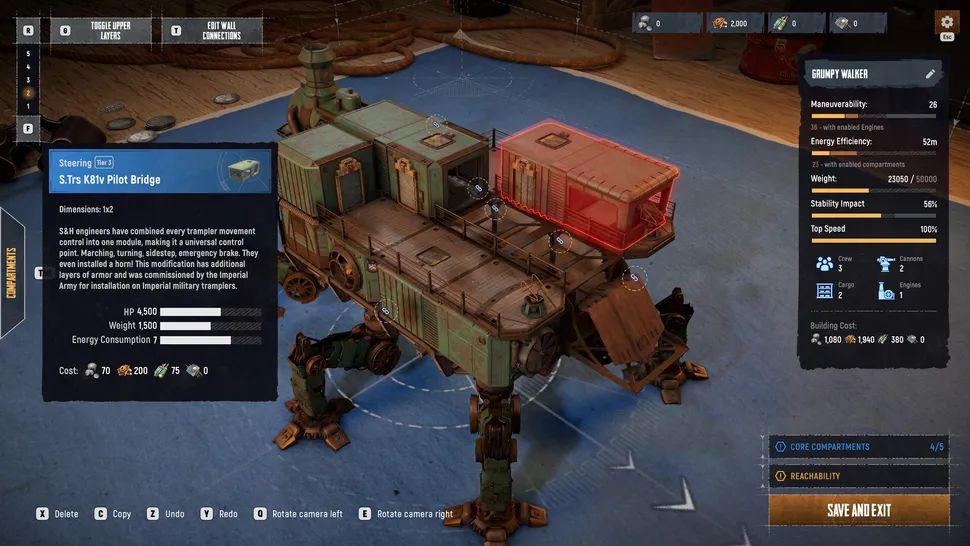Capture d’un éditeur de véhicule dans un jeu de construction, montrant un grand marcheur mécanique à quatre pattes nommé Grumpy Walker. Un module de pilotage est sélectionné en rouge, tandis que des panneaux d’interface affichent ses caractéristiques, son poids, sa vitesse, son équipage, son armement et ses ressources.
