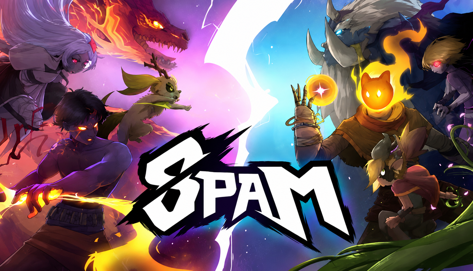 Illustration promotionnelle du jeu SPAM, montrant deux groupes de personnages fantastiques s’affrontant dans une composition dynamique aux tons violets, rouges et bleus, avec le logo SPAM en grand au centre.