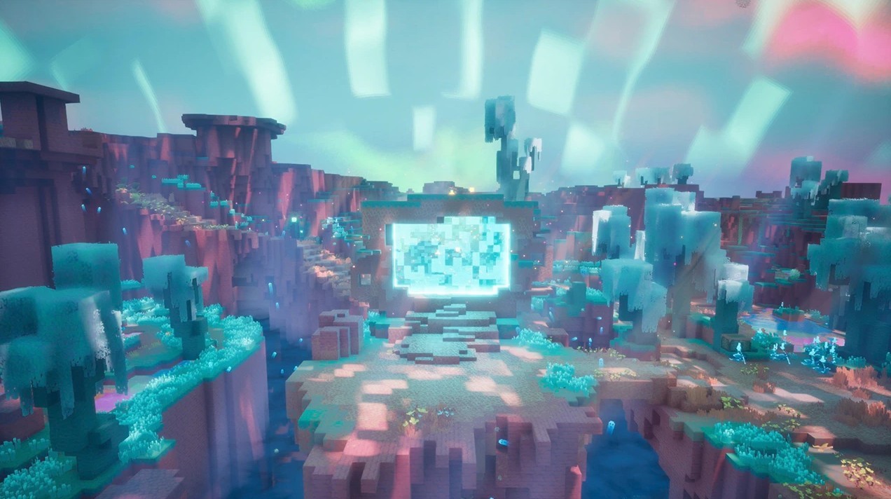Capture de jeu dans un monde en voxels aux teintes turquoise et roses, avec falaises, végétation cubique et arbres pâles. Au centre, un grand portail rectangulaire lumineux se dresse au sommet de marches sous un ciel parcouru de vastes lueurs colorées.