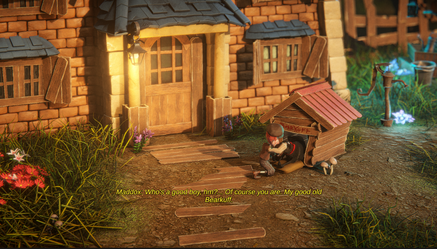 Capture de gameplay d’un jeu d’aventure stylisé montrant un petit personnage assis devant une niche en bois nommée « Bearkuff », à côté d’une maison en briques éclairée par une lanterne. Le décor miniature est entouré d’herbe, de fleurs et d’éléments fantastiques. Des sous-titres indiquent : « Maddox : Who’s a good boy, hm?... Of course you are. My good old Bearkuff. » suggérant un moment calme et affectueux avec un compagnon animal.