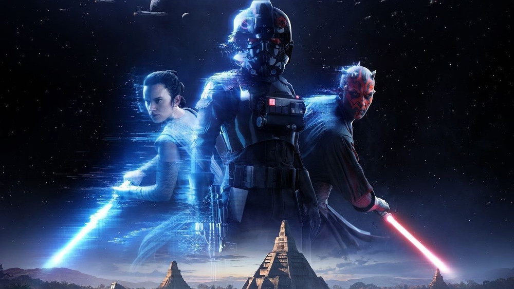 Visuel Star Wars montrant Rey avec un sabre laser bleu, Dark Maul avec un sabre rouge et un soldat impérial en armure noire au centre, sur fond d’espace étoilé et de temples en pierre.