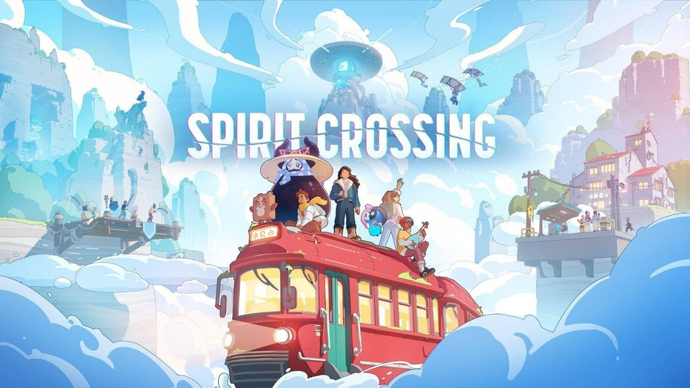 Illustration promotionnelle du jeu vidéo fictif intitulé "Spirit Crossing", mettant en scène un tramway rouge flottant dans les airs, entouré de nuages cotonneux et de paysages célestes surréalistes. Sur le toit du tramway, une équipe hétéroclite de personnages stylisés en cell-shading adopte des poses dynamiques : une jeune femme brune en manteau long se tient au centre, entourée de créatures anthropomorphes colorées, dont un chat géant en kimono et un petit animal violet. L’arrière-plan révèle une ville suspendue dans les cieux, avec des îles flottantes reliées par des ponts, des plateformes aériennes et un mystérieux dôme lumineux au sommet d’une tour. L'ambiance évoque une aventure fantastique empreinte de magie, dans un univers onirique à mi-chemin entre "Spiritfarer" et "Animal Crossing". Le titre "Spirit Crossing" est inscrit en lettres capitales blanches au centre de l'image.