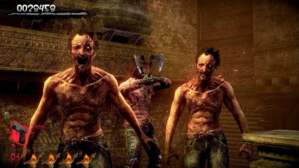 Deux zombies torse nu, à l'apparence humanoïde grotesque, aux visages déformés et à la peau en décomposition avancée, se tiennent au premier plan dans un environnement sombre et délabré, inspiré d’un décor gothique ou industriel. Leurs yeux blanchâtres, leurs bouches béantes et leurs torses émaciés accentuent l'aspect horrifique de la scène. À l’arrière-plan, un troisième zombie est visible, en train de brandir une hache ensanglantée, visant le joueur. La scène est tirée d’un jeu de tir à la première personne de type arcade où le joueur affronte des hordes de morts-vivants. En haut à gauche, un score de 0028458 est affiché, indiquant la progression du joueur. En bas à gauche, l’interface montre une icône de pistolet avec la mention "Pistol", ainsi que quatre symboles de feu représentant les vies ou munitions restantes du joueur (P1). L’ambiance générale est oppressante et gore, renforcée par les textures détaillées des corps en décomposition et les effets de lumière rougeâtre dans un décor de brique et de pierre.