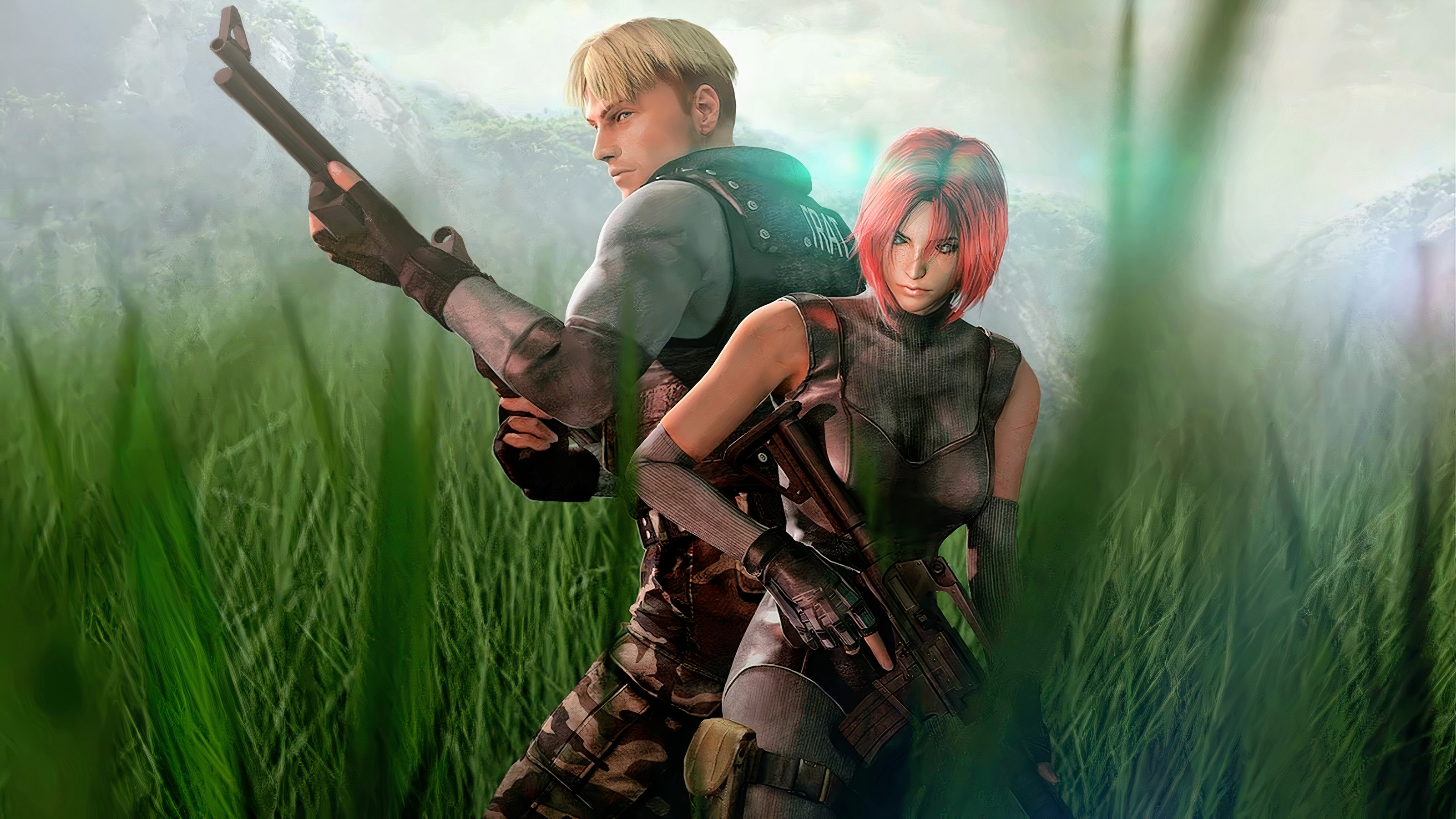 Visuel de Resident Evil montrant Leon et une femme aux cheveux rouges, dos à dos dans de hautes herbes. Tous deux portent une tenue tactique et tiennent une arme à feu, avec des montagnes brumeuses en arrière-plan.