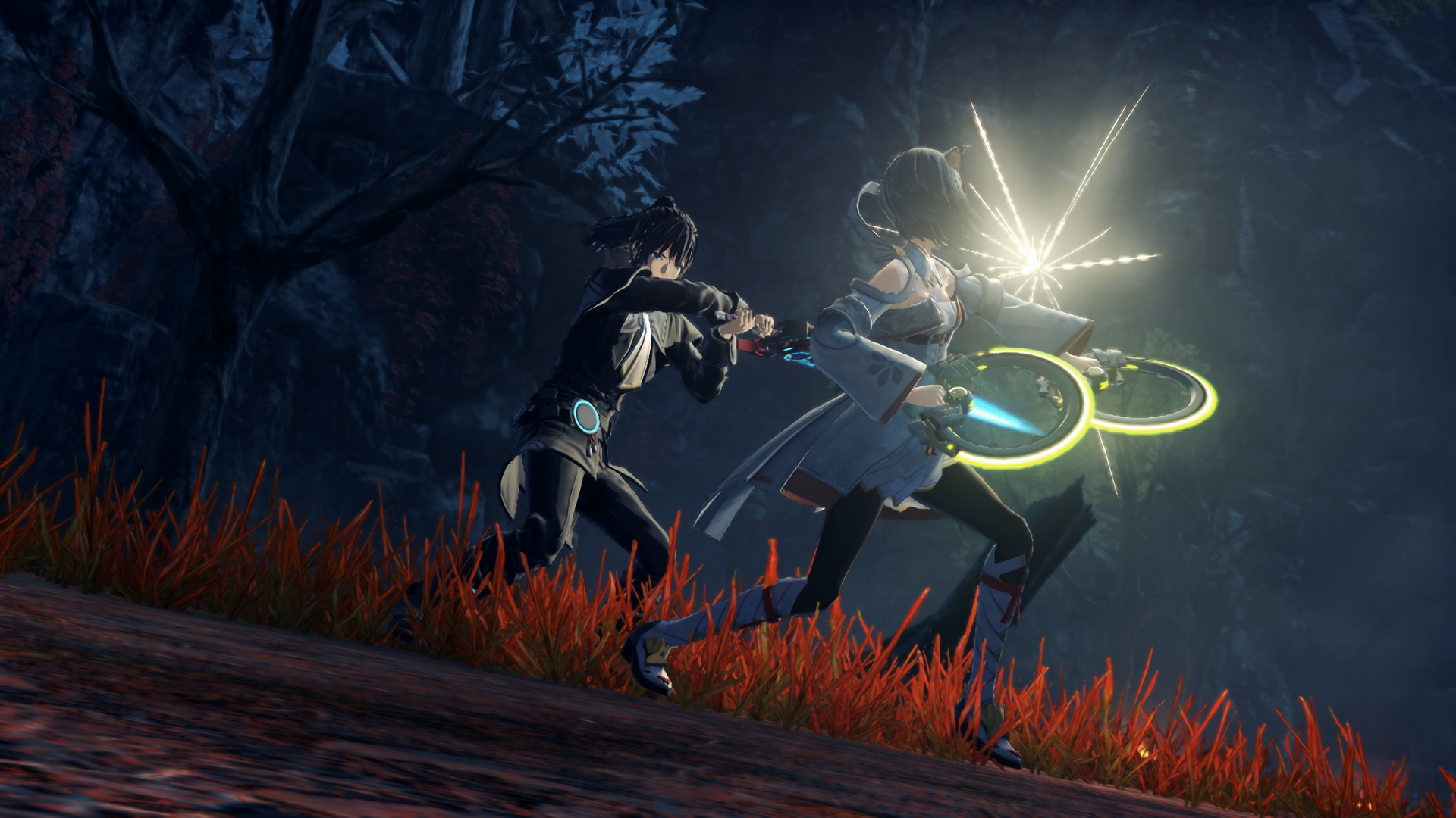 Capture d’écran de Xenoblade Chronicles 2 montrant deux personnages en plein affrontement dans une forêt sombre aux herbes rouges. L’un attaque avec une lame lumineuse tandis que l’autre esquive ou se protège avec des anneaux d’énergie, dans une scène cinématique tendue et dynamique.