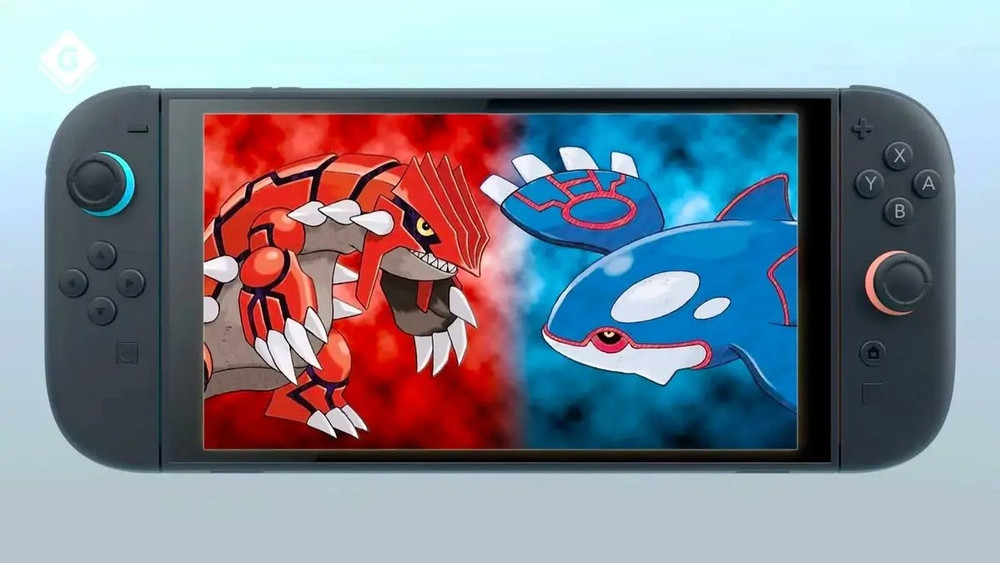 Console portable noire de type Nintendo Switch affichant Groudon et Kyogre, deux Pokémon légendaires, face à face sur un écran partagé entre un fond rouge et un fond bleu.