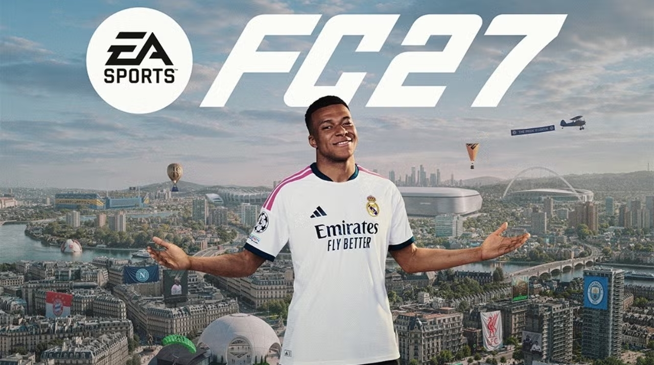 Visuel promotionnel d’EA Sports FC 27 montrant un footballeur en maillot blanc du Real Madrid, debout bras écartés au-dessus d’un panorama urbain. Un ballon repose à ses pieds et le logo « EA Sports FC 27 » apparaît à gauche.