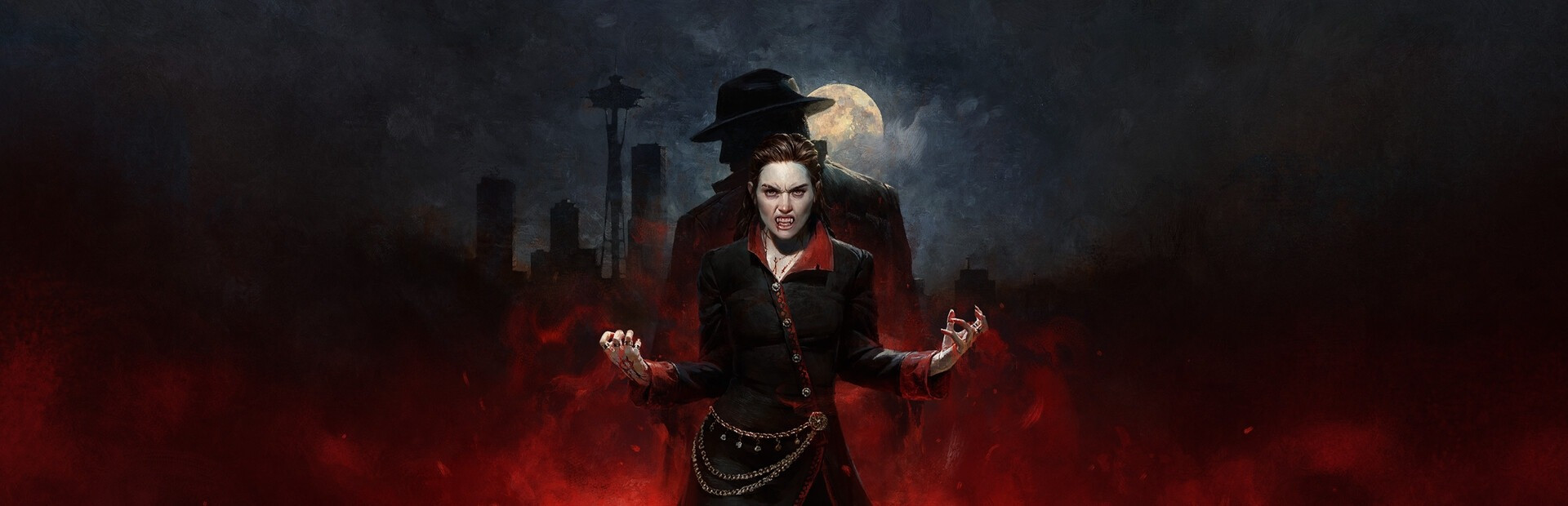 Illustration sombre montrant une vampire aux crocs apparents et aux mains griffues, entourée d’une brume rouge. Derrière elle se dresse la silhouette d’un homme au chapeau, avec une ville et une pleine lune en arrière-plan.