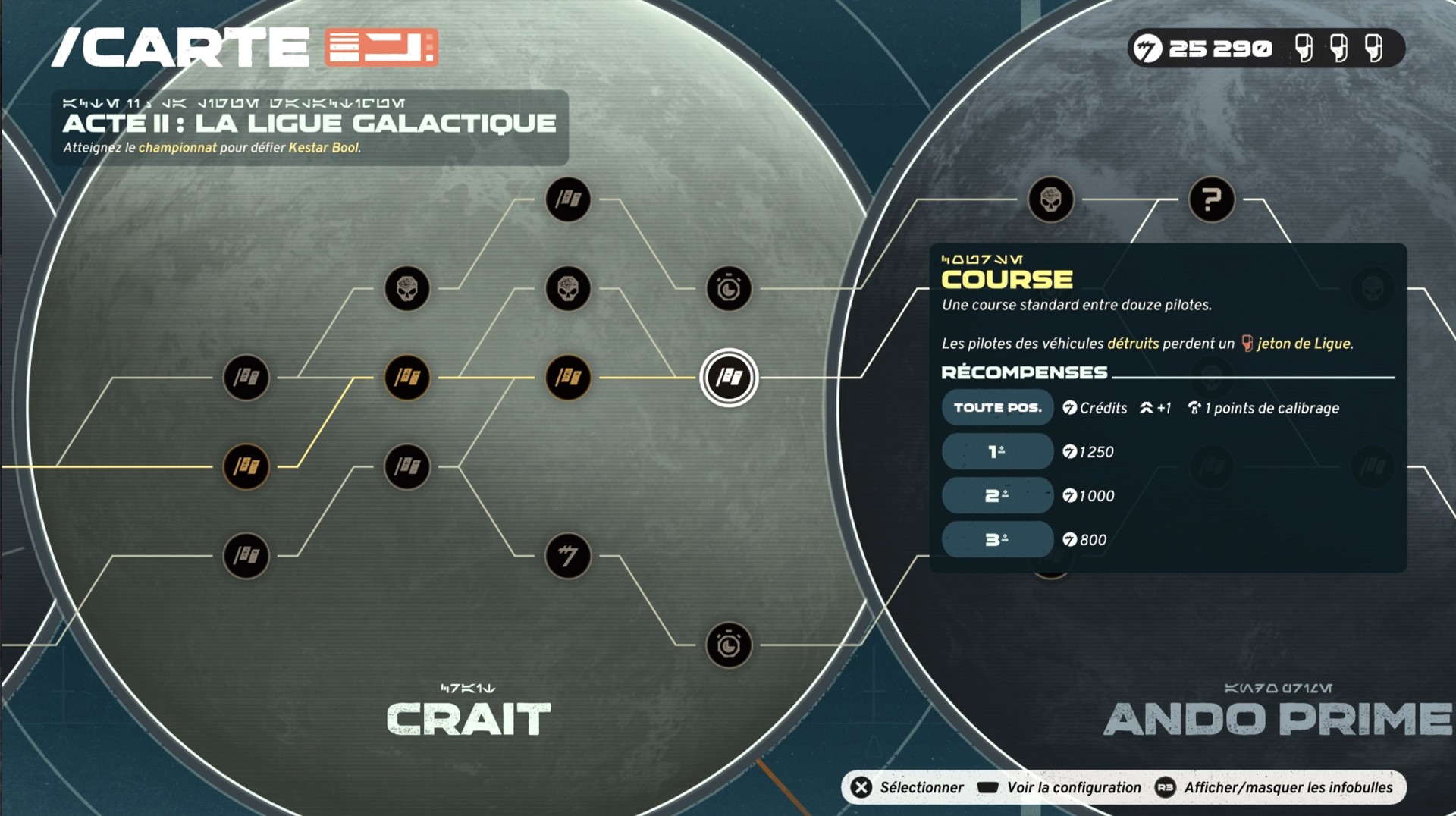 Carte de progression de Star Wars: Galactic Racers, Acte II « La Ligue Galactique », entre les planètes Crait et Ando Prime. Une épreuve « Course » est sélectionnée, avec ses règles et récompenses selon le classement.