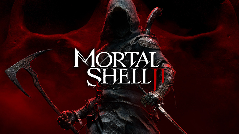 Visuel de Mortal Shell II montrant un guerrier encapuchonné au visage plongé dans l’ombre, vêtu d’une armure sombre et tenant une grande hache. Le logo « Mortal Shell II » apparaît au centre sur un fond rouge et noir inquiétant.