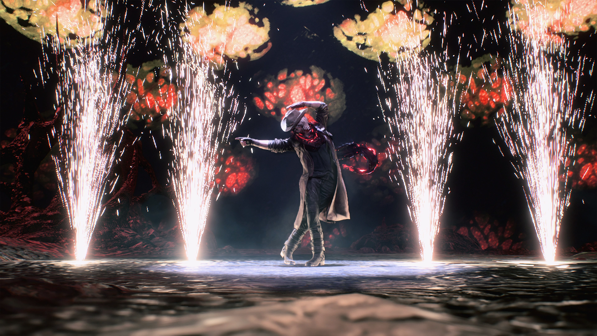 Capture d’écran de Devil May Cry 5 montrant un personnage en long manteau au centre d’un décor organique sombre, le bras tendu comme s’il lançait une attaque. De puissantes gerbes de lumière jaillissent autour de lui, avec des formes rouges en arrière-plan, créant une scène spectaculaire et surnaturelle.