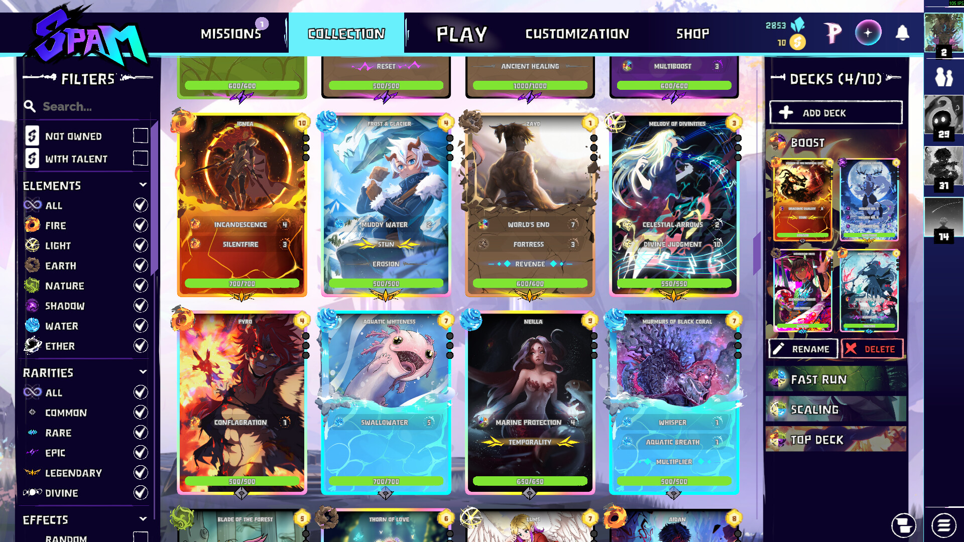 Capture d’écran de la collection de cartes de SPAM, présentant les différentes cartes qu’un joueur peut posséder, classées par éléments et raretés, avec les options de filtrage et la gestion des decks visibles à l’écran.