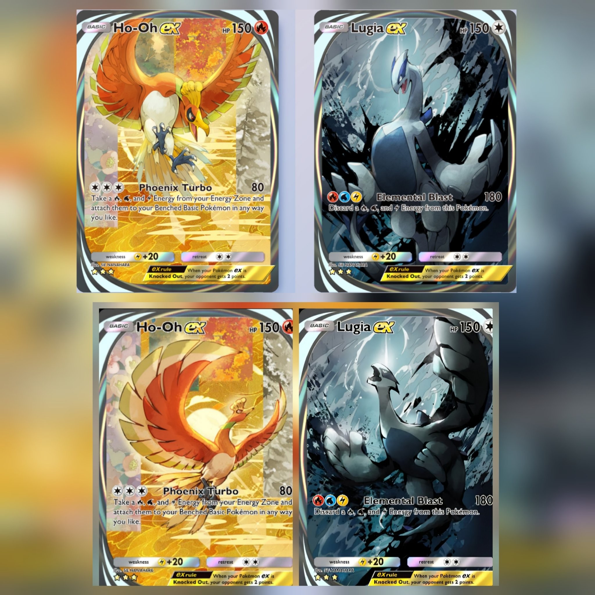 Quatre cartes de Pokémon EX représentant Ho-Oh et Lugia, deux Pokémon légendaires, en versions animées et spectaculaires. Dans le coin supérieur gauche, Ho-Oh est représenté dans une explosion de couleurs chaudes, avec son attaque "Phoenix Turbo". À droite, Lugia apparaît dans des tons sombres et mystérieux, avec l'attaque "Elemental Blast". En bas, les deux cartes de Ho-Oh et Lugia sont dans une version brillante et métallique, illustrant une représentation dynamique et majestueuse des deux créatures. Les cartes affichent leur nombre de points de vie (150) ainsi que des attaques et des effets stratégiques associés. Les illustrations sont colorées et frappantes, soulignant leur puissance et leur statut légendaire.