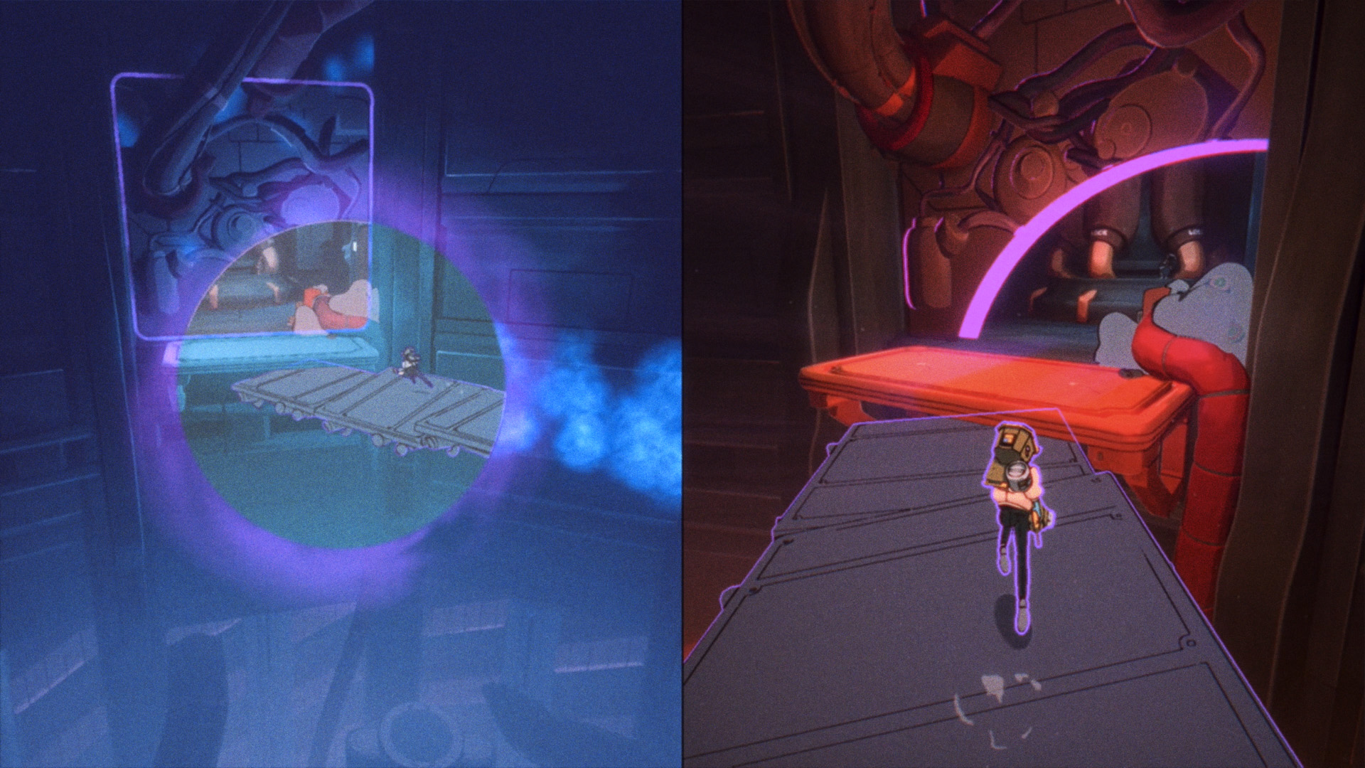 Capture d’écran d’Orbitals montrant une scène de gameplay en écran partagé dans un décor industriel futuriste. À gauche, une vue bleutée avec un champ circulaire met en évidence une plateforme, tandis qu’à droite, un personnage avance vers une zone rouge lumineuse au milieu de machines et de tuyaux.