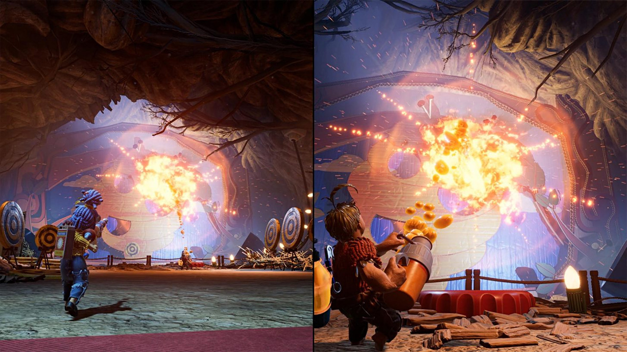 Image scindée en deux écrans illustrant une scène de coopération dans le jeu It Takes Two, un jeu d’aventure en écran partagé centré sur la collaboration entre deux personnages miniaturisés dans un monde fantastique. À gauche, un personnage en laine bleue court vers une explosion en arrière-plan, tenant une arme ressemblant à un pistolet lance-allumettes ou lanceur de clous. À droite, son partenaire, un personnage en pull rouge et pantalon brun, utilise un dispositif en forme de pulvérisateur, projetant une substance jaune-orange explosive qui provoque une puissante détonation sur une cible murale stylisée, en forme de visage. Le décor évoque l’intérieur d’un tronc d’arbre ou une cavité souterraine transformée en terrain de jeu géant, avec des cibles, des lumières et des structures en bois. La scène est riche en couleurs chaudes, avec des effets de lumière dynamiques, des flammes et des particules qui accentuent l’action en cours. L’image met en valeur la mécanique centrale de It Takes Two : la complémentarité des personnages et des outils, dans un univers rempli de puzzles créatifs, de défis coopératifs et d’interactions ludiques, conçu pour être joué exclusivement en duo.