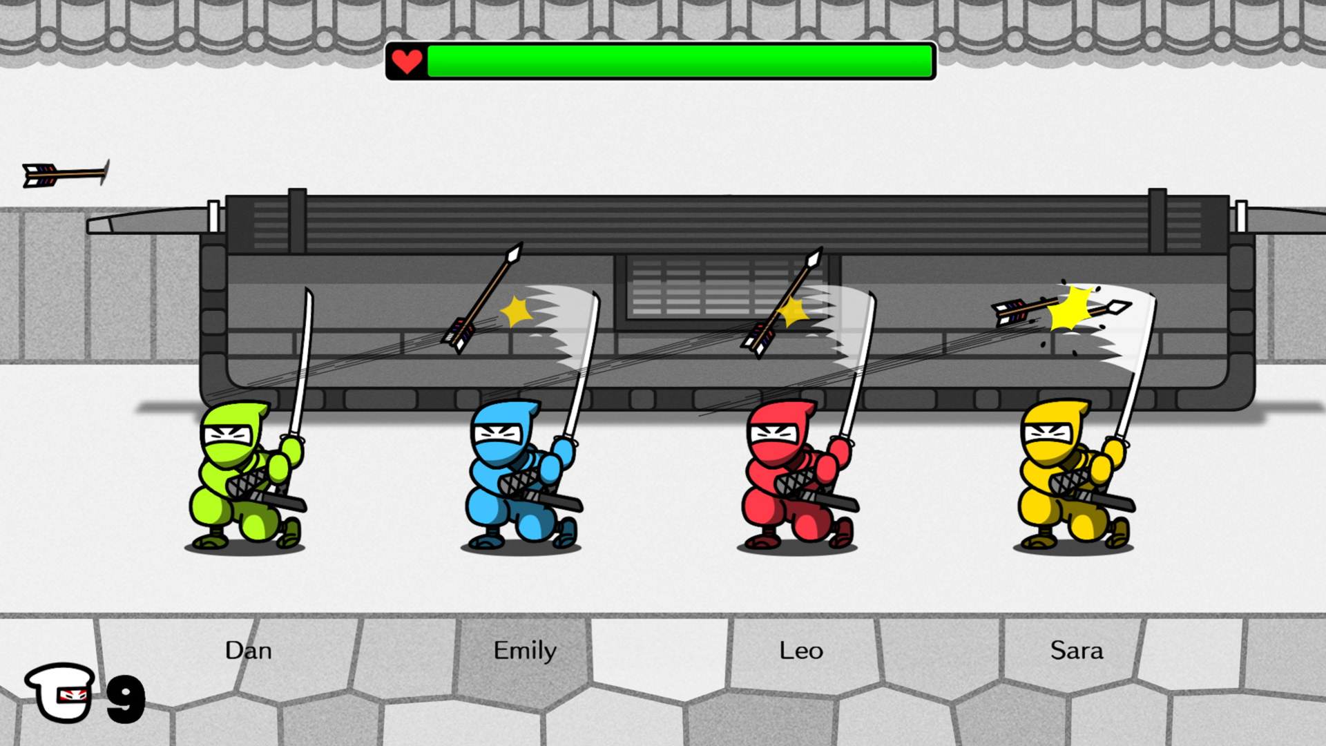 Capture de gameplay d’un jeu au style cartoon montrant quatre ninjas colorés nommés Dan, Emily, Leo et Sara alignés devant un bâtiment japonais, levant simultanément leur katana pour dévier une volée de flèches. Une barre de vie verte avec une icône de cœur est affichée en haut de l’écran, tandis qu’un compteur indiquant 9 apparaît en bas à gauche.