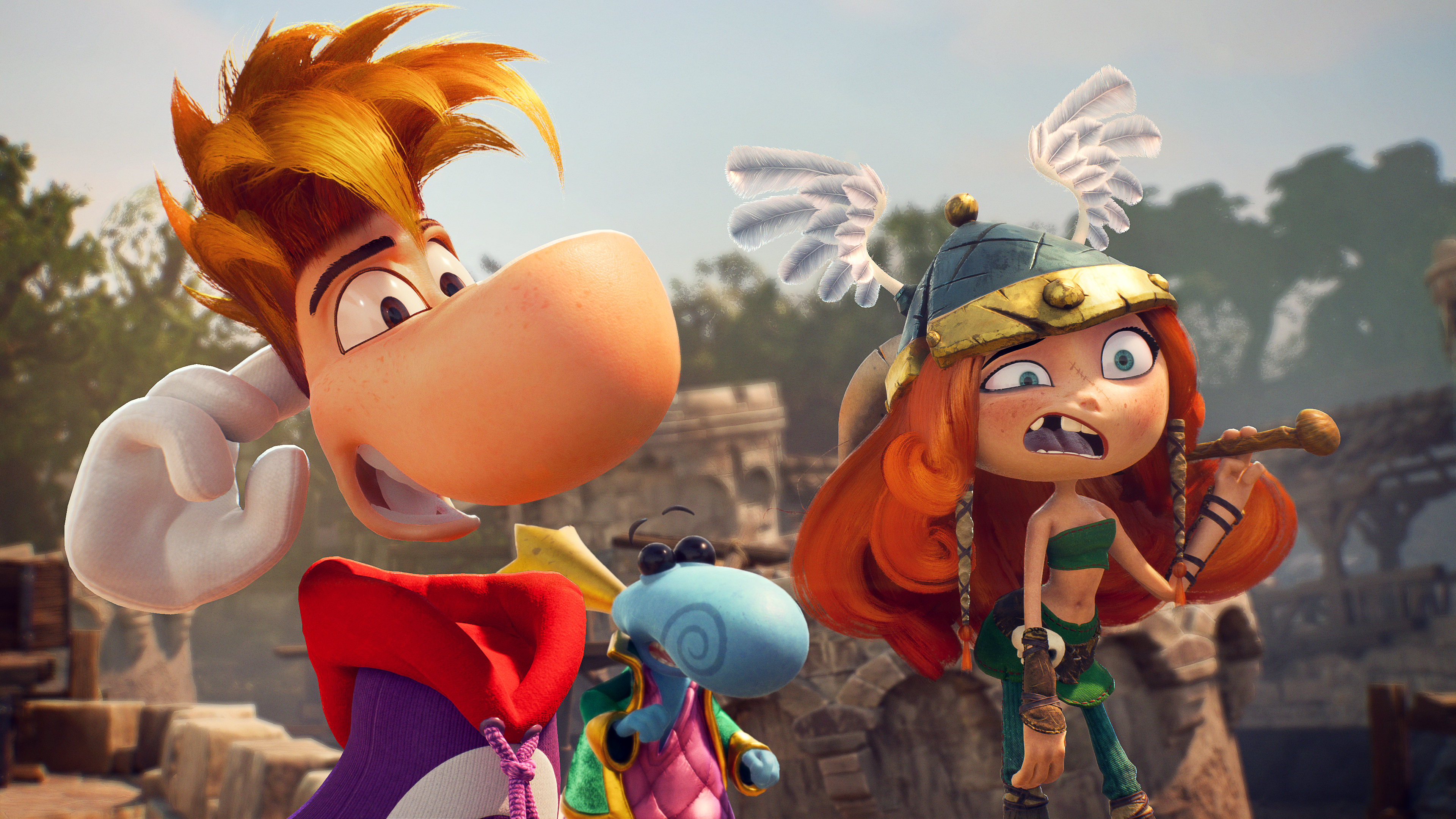 Capture d’écran de Rayman Legends Retold montrant Rayman en gros plan aux côtés de Globox et d’une guerrière rousse casquée, dans un décor de ruines ensoleillées. Les personnages affichent des expressions surprises et amusées, avec un style coloré et cartoon typique de la série.