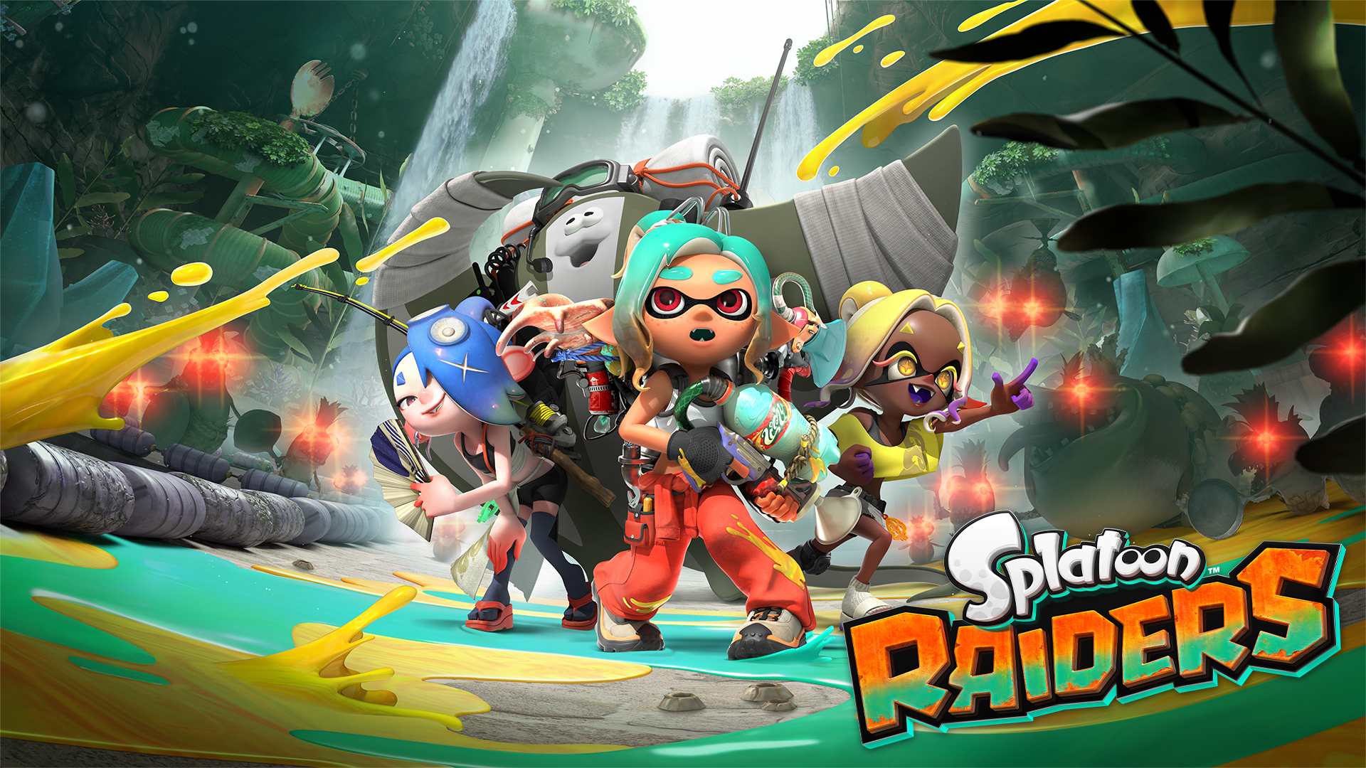 Visuel promotionnel de Splatoon Raiders montrant trois personnages de style Inkling en exploration dans une jungle envahie par la végétation, devant un équipement de campement chargé de matériel. Le personnage central tient un pistolet à encre, tandis que des éclaboussures d’encre jaune traversent la scène et que des créatures aux yeux rouges brillants apparaissent en arrière-plan. Le logo Splatoon Raiders est visible en bas à droite.