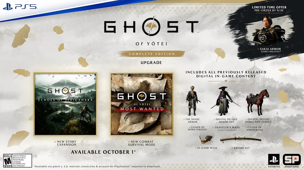 Visuel PS5 de Ghost of Yōtei Complete Edition Upgrade, annonçant une sortie le 1er octobre. L’édition inclut l’extension Echoes of Sekigahara, le mode de survie Most Wanted et divers contenus numériques, dont armures, cheval, selle, masque et kit d’épée. Une armure Sakai est proposée en bonus de précommande limité.