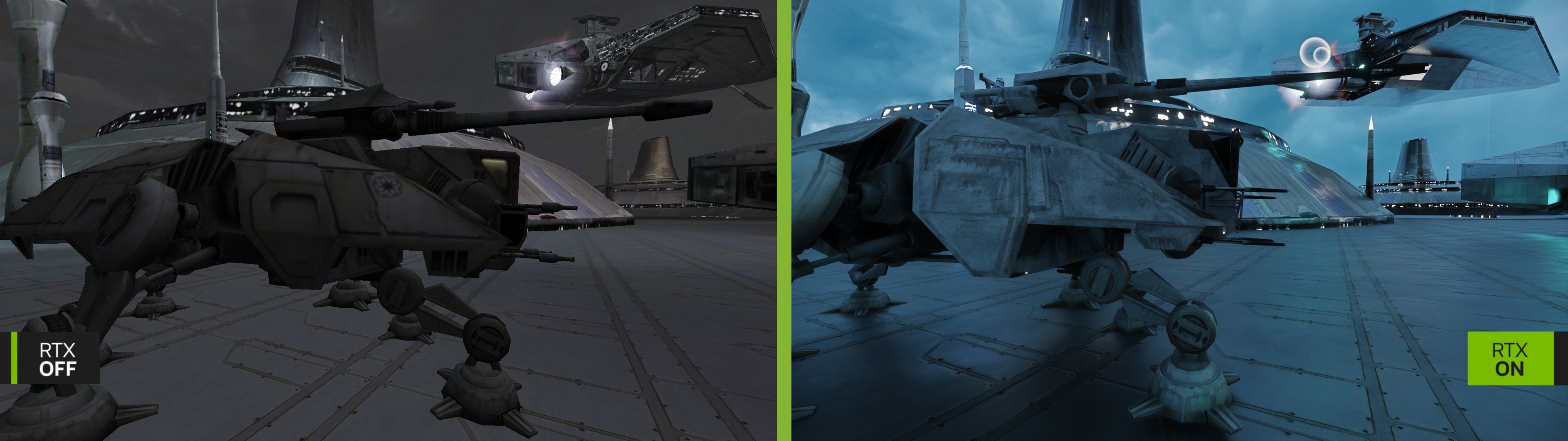 Image comparative en écran partagé présentant les différences graphiques entre un rendu sans ray tracing (RTX OFF) à gauche et avec ray tracing activé (RTX ON) à droite dans un jeu vidéo de l’univers Star Wars. La scène se déroule sur une plateforme extérieure futuriste, probablement sur la planète Kamino, avec un ciel sombre ou nocturne. En premier plan se tient un véhicule blindé quadripode de type AT-TE (All Terrain Tactical Enforcer), au design anguleux et militaire. En arrière-plan, un vaisseau de type destroyer Venator flotte dans les airs, prêt à décoller. Dans la partie gauche de l’image (RTX OFF), l’éclairage est terne, les textures sont sombres, les ombres peu marquées, et les détails du blindé comme des bâtiments environnants sont peu lisibles. L’ensemble de la scène manque de profondeur et paraît visuellement daté, avec un rendu global grisâtre et peu contrasté. Dans la partie droite (RTX ON), le ray tracing transforme l’environnement : le sol réfléchit légèrement la lumière, les surfaces métalliques du véhicule révèlent des détails plus nets, avec des ombres douces et précises sous les pattes articulées. Les effets de lumière sur le vaisseau spatial en arrière-plan sont accentués, notamment les moteurs brillants et les halos lumineux dynamiques. Le ciel bleu nuit est plus vivant, et les structures lointaines bénéficient d’un éclairage d’ambiance qui améliore considérablement la lisibilité et le réalisme global de la scène. Cette image illustre parfaitement les bénéfices du ray tracing sur la gestion de la lumière, des ombres et des reflets dans les environnements de science-fiction.