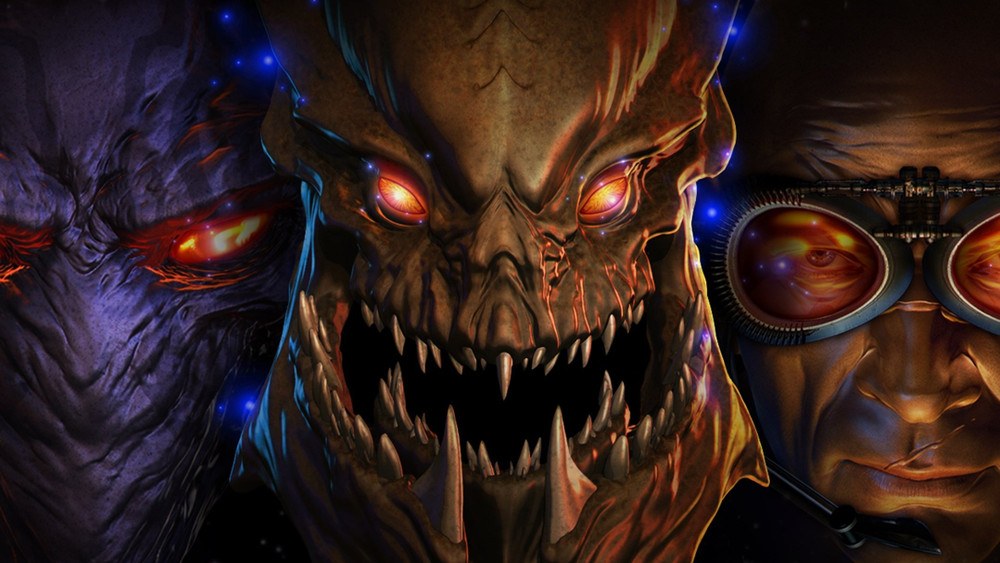 Gros plan sur trois personnages de science-fiction : à gauche, une créature violette au visage ridé et à l’œil rougeoyant ; au centre, un monstre extraterrestre à quatre yeux orange et à la gueule hérissée de crocs ; à droite, un humain portant des lunettes aux verres orangés et un casque-micro.