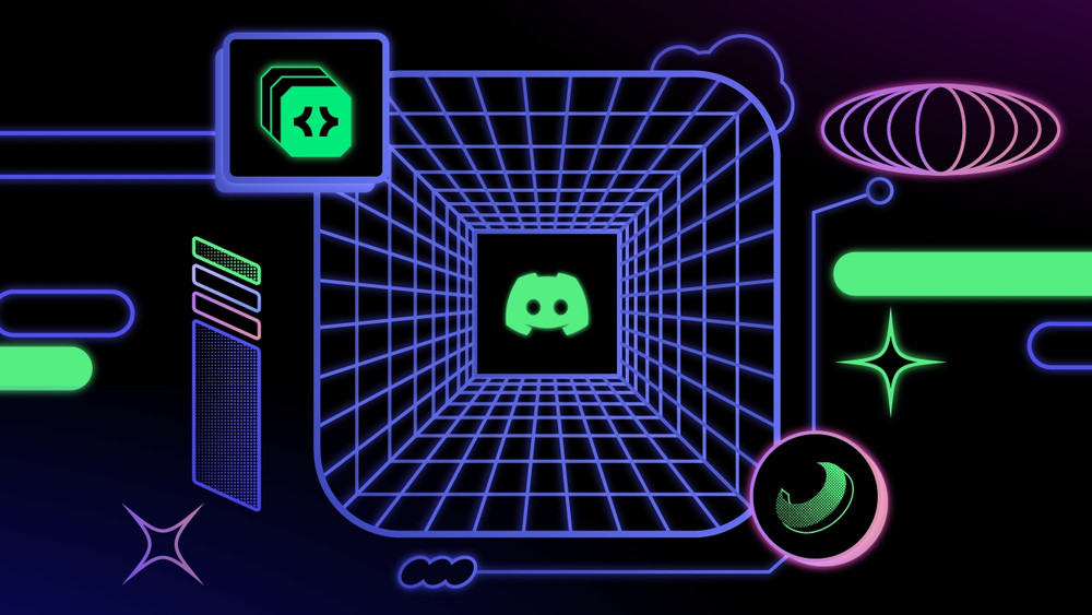 Illustration numérique futuriste à dominante noire, violette, verte et rose, représentant un univers virtuel stylisé. Au centre, une grille en perspective 3D de couleur violette forme un tunnel cubique qui s’enfonce dans l’image, au bout duquel se trouve le logo vert fluo de Discord, symbole bien connu de la plateforme de communication prisée dans le gaming. Autour de ce tunnel, divers éléments graphiques flottants évoquent des interfaces utilisateur stylisées ou des composants technologiques abstraits : un icône de codage avec deux chevrons verts en haut à gauche, une demi-lune pixelisée en bas à droite, des étoiles géométriques, des barres de chargement, et une structure toroïdale rose en haut à droite. Le style général est rétro-futuriste, avec une forte inspiration cyberpunk ou synthwave, mettant en valeur l’esthétique néon et les technologies numériques, dans un univers évoquant les interfaces de développement ou les métavers. L'image semble promouvoir des outils de développement ou une intégration technique autour de Discord dans un cadre lié aux jeux vidéo ou à la création numérique.