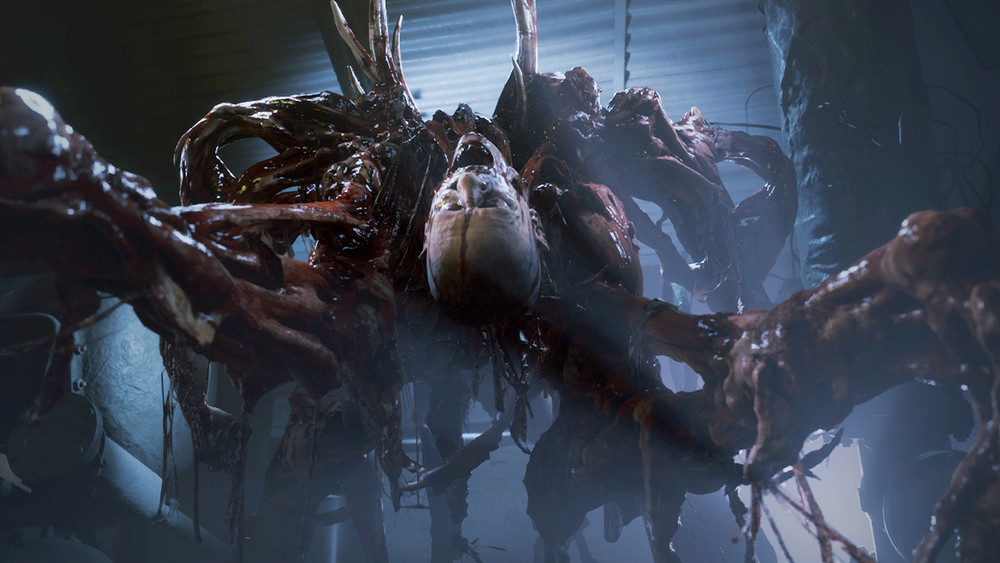 Créature monstrueuse de type horror, couverte de chair organique et de tentacules sanguinolents, suspendue dans un environnement industriel sombre. Son visage humain déformé est partiellement visible au centre, entouré de masses charnues et de membres organiques enchevêtrés, évoquant une scène de jeu vidéo horrifique.
