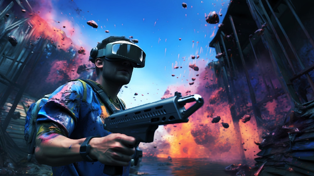 Illustration de jeu vidéo mettant en scène une personne portant un casque de réalité virtuelle et tenant une arme futuriste dans un environnement urbain en pleine explosion. Débris et rochers flottent dans les airs tandis que des flammes et des nuages colorés envahissent la rue, créant une ambiance d’action intense mêlant réalité virtuelle et combat de science-fiction.